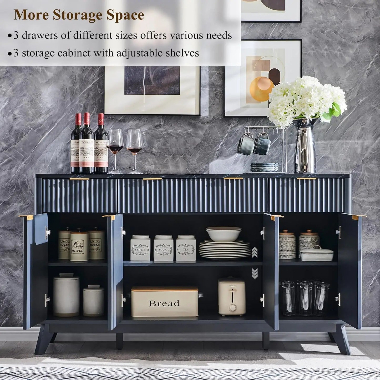 60" Fluted Sideboard Cabinet with Faux Marble Top