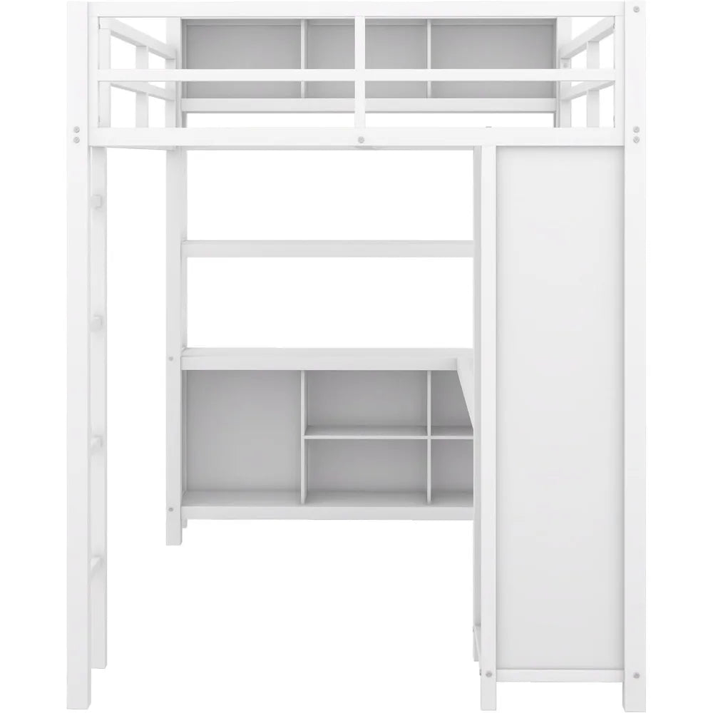 Full Size Loft Bed with L Shaped Desk and Wardrobe