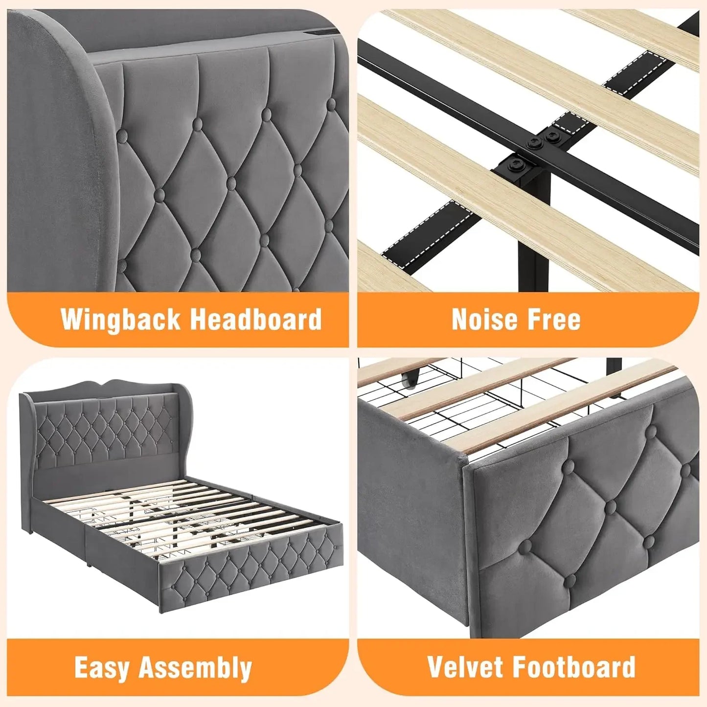 Gray Diamond Tufted Storage Bed