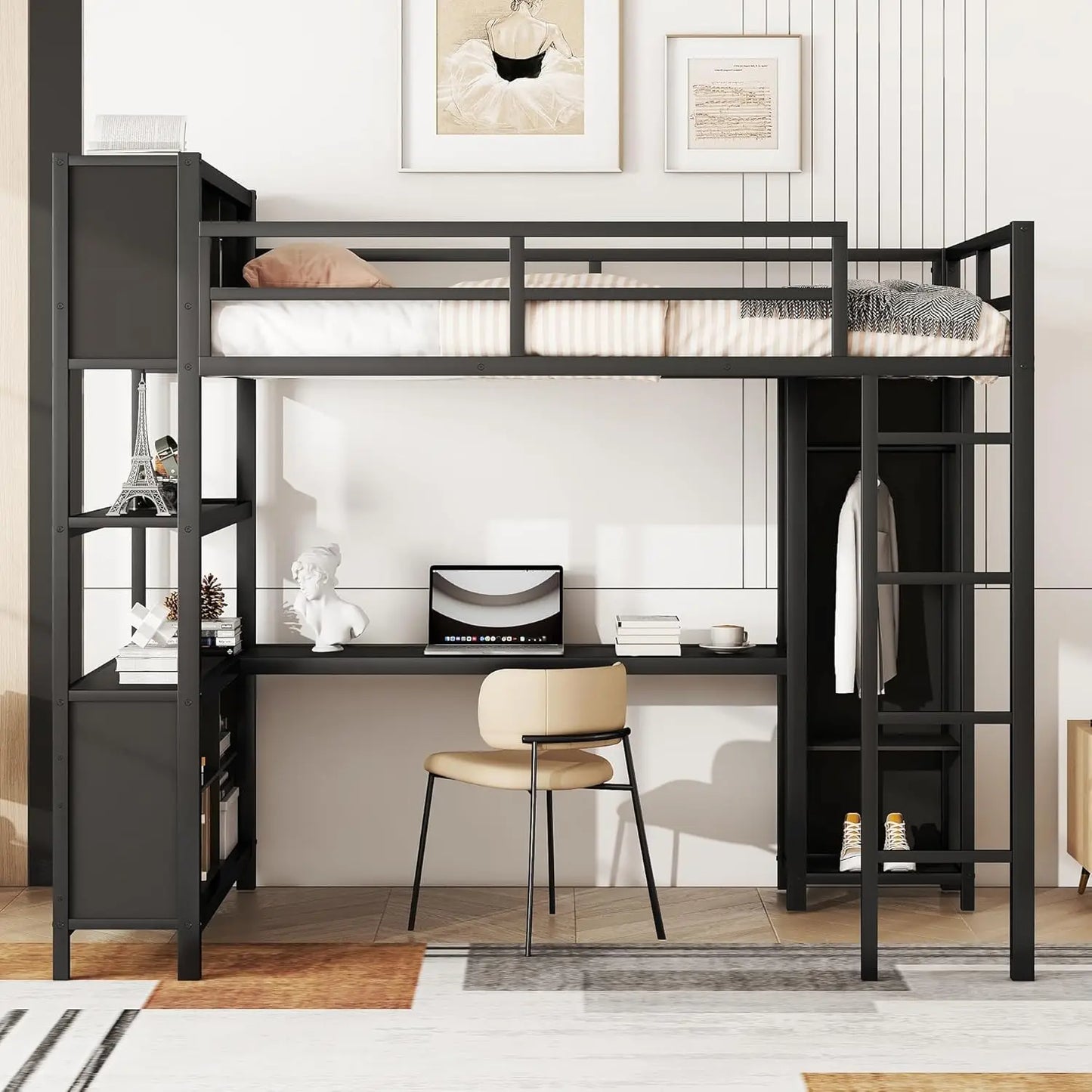 Full Size Loft Bed with L Shaped Desk and Wardrobe