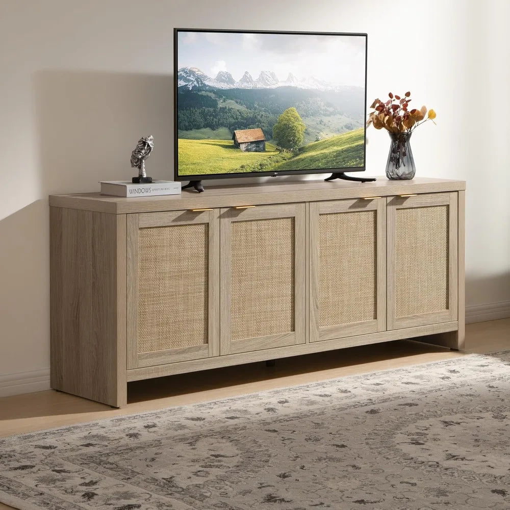 Tall Buffet-Styled Entertainment Center with Rattan Cabinets