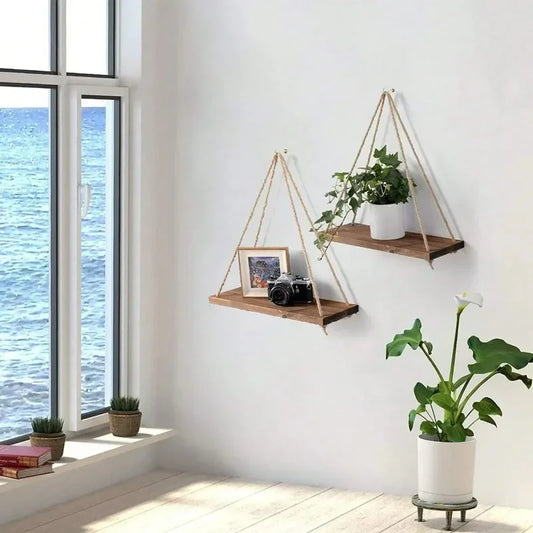 Wooden Hanging Rope Wall Shelves