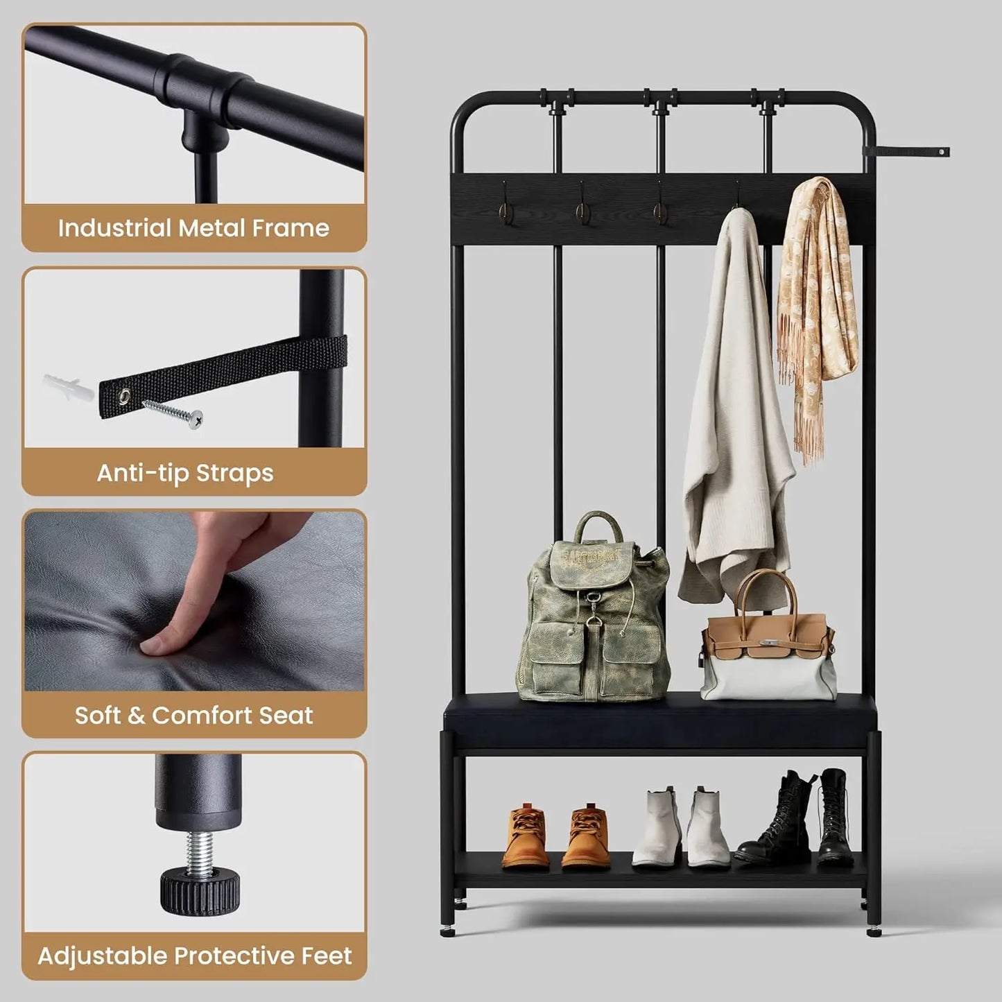 Coat Rack and Shoe Bench Storage for Entryway