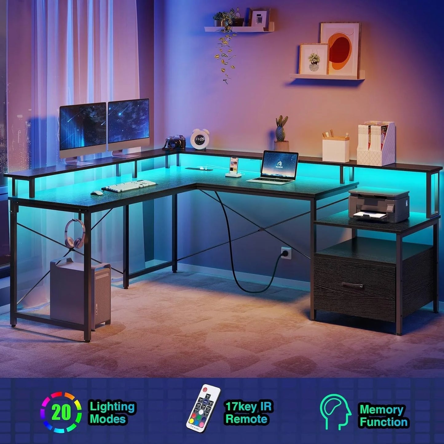 64" L Shaped Corner Desk with Power Outlet, LED Strip & Monitor Shelf