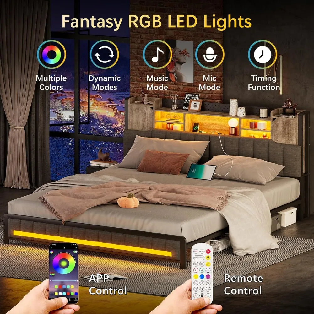 Gray LED Upholstered Bed with Charging Station
