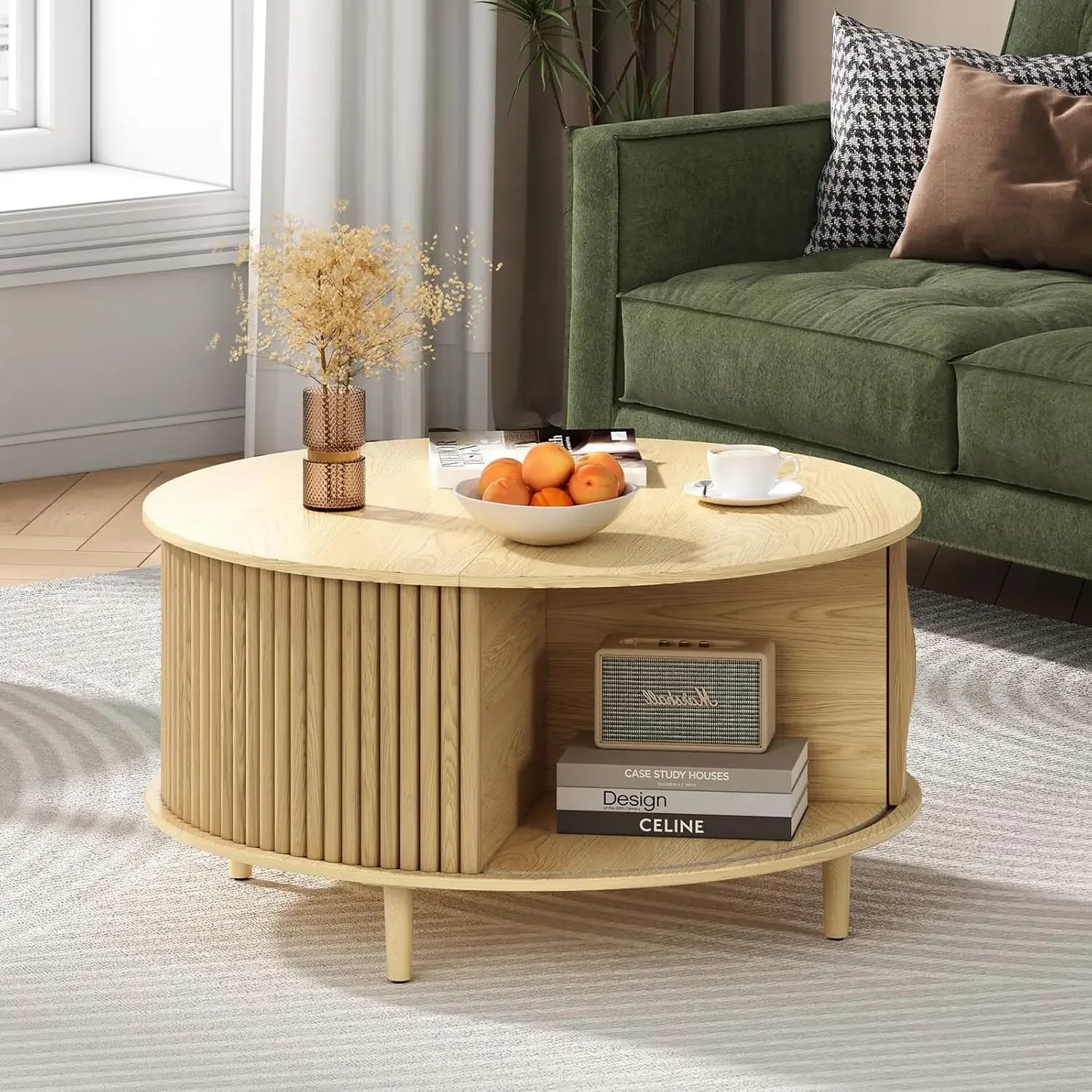 Mid Century Modern Round Coffee Table with Storage & Shelving