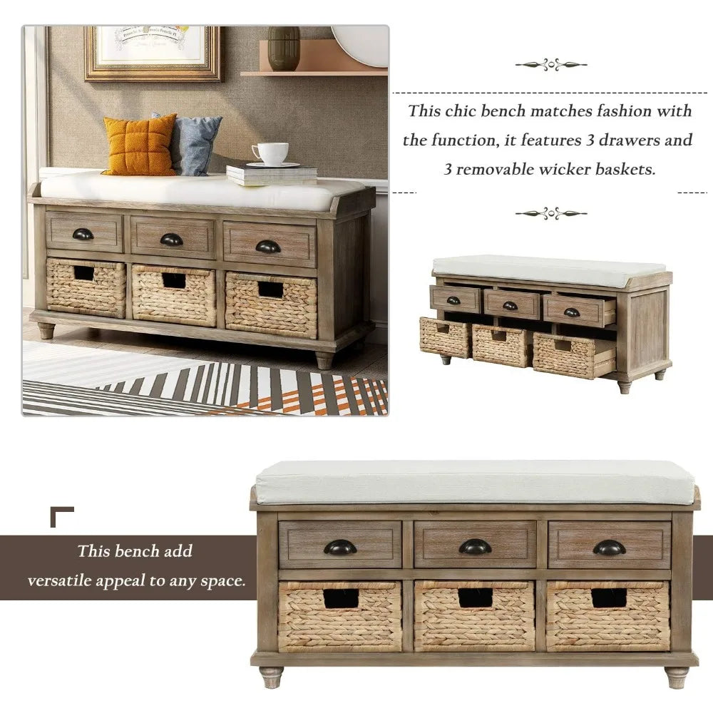 Wood Storage Bench with 3 Drawers