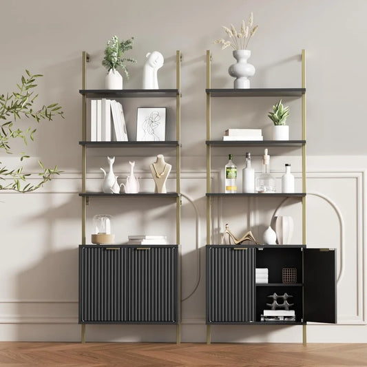 Set of 2 Ladder Bookshelf with Cabinet