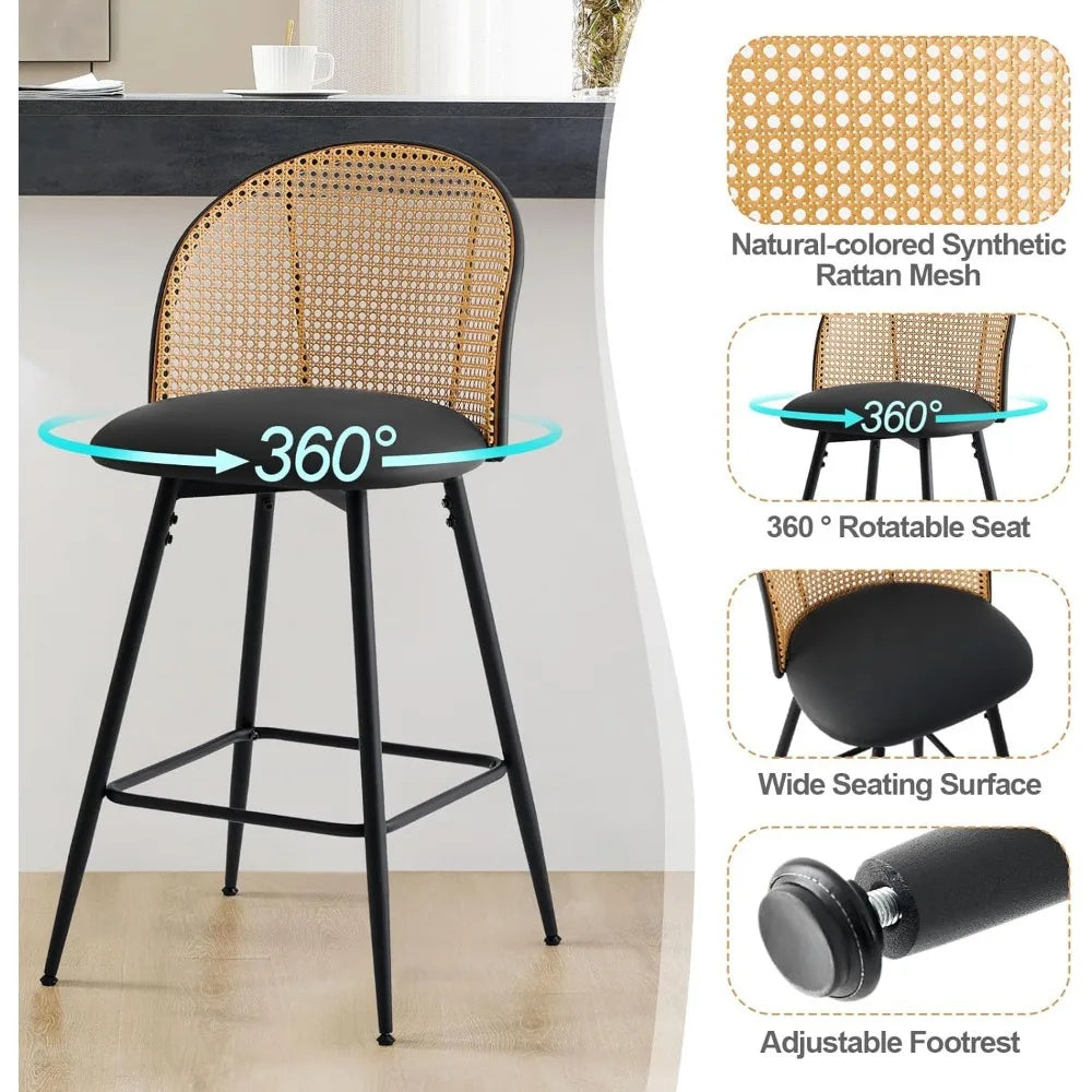 Mid Century Modern Rattan Back Counter Height Bar Stools Set of 3