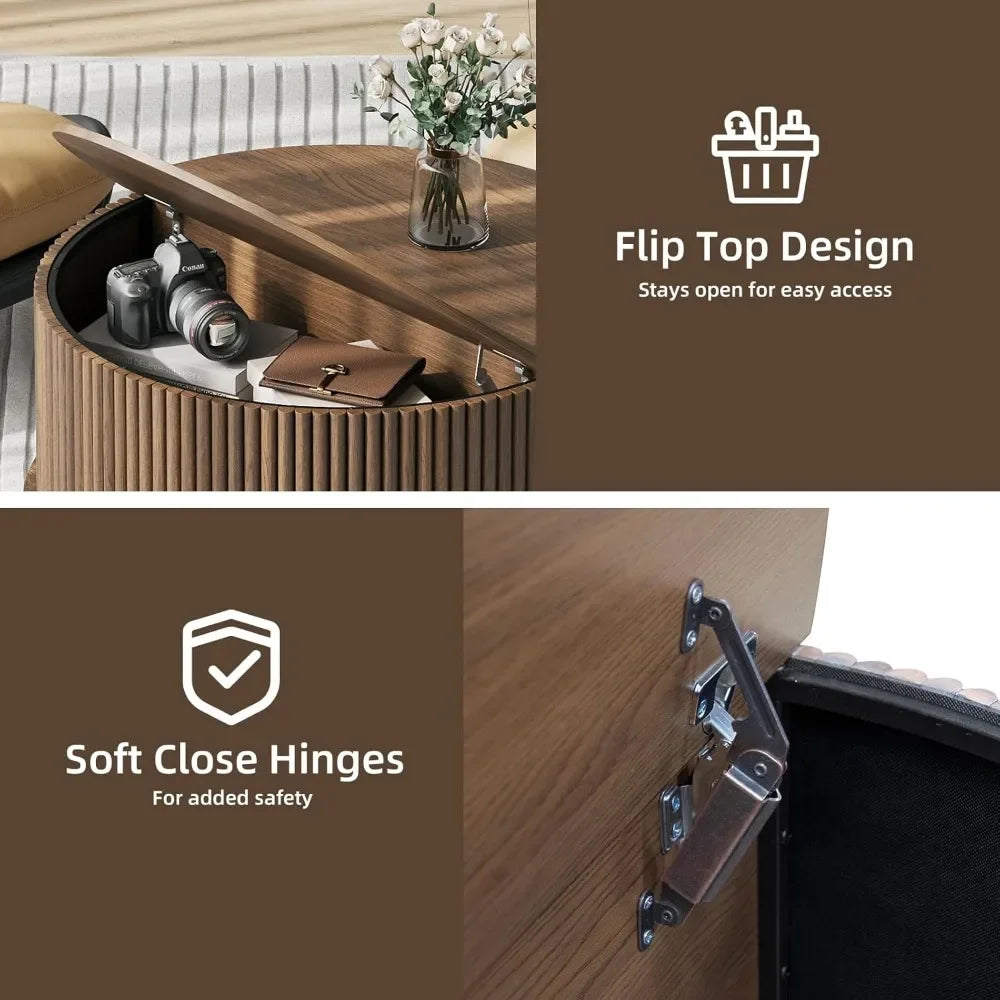 Mid Century Modern Round Coffee Table with Storage & Shelving