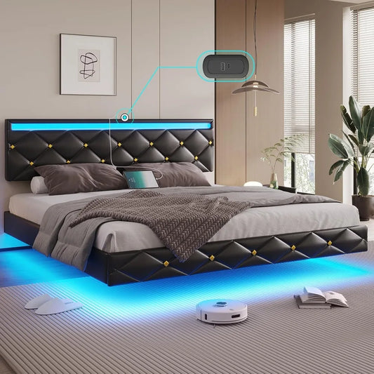 Floating Diamond Tufted LED Bed