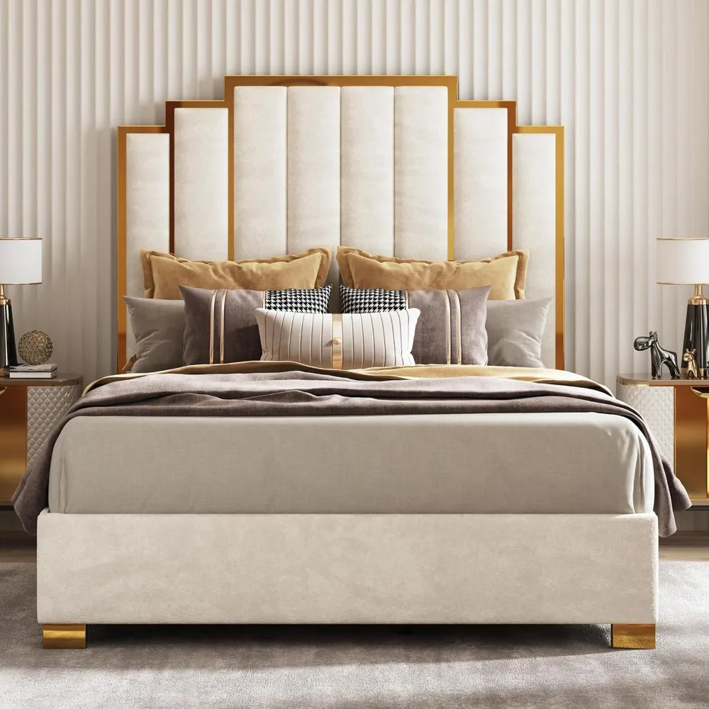 61.4" Queen Upholstered Gold Trim Bed Frame