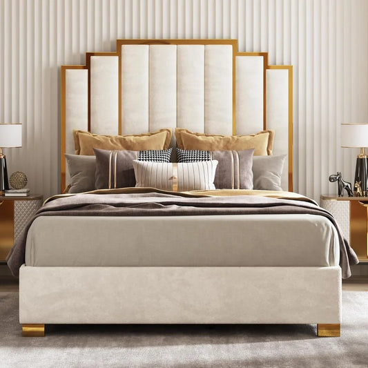 61.4" Queen Upholstered Gold Trim Bed Frame
