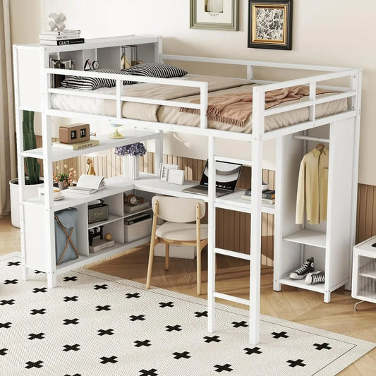 Full Size Loft Bed with L Shaped Desk and Wardrobe