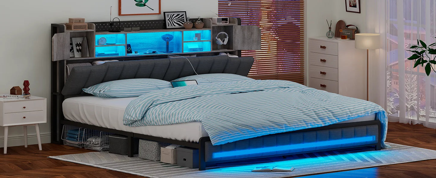 Gray LED Upholstered Bed with Charging Station