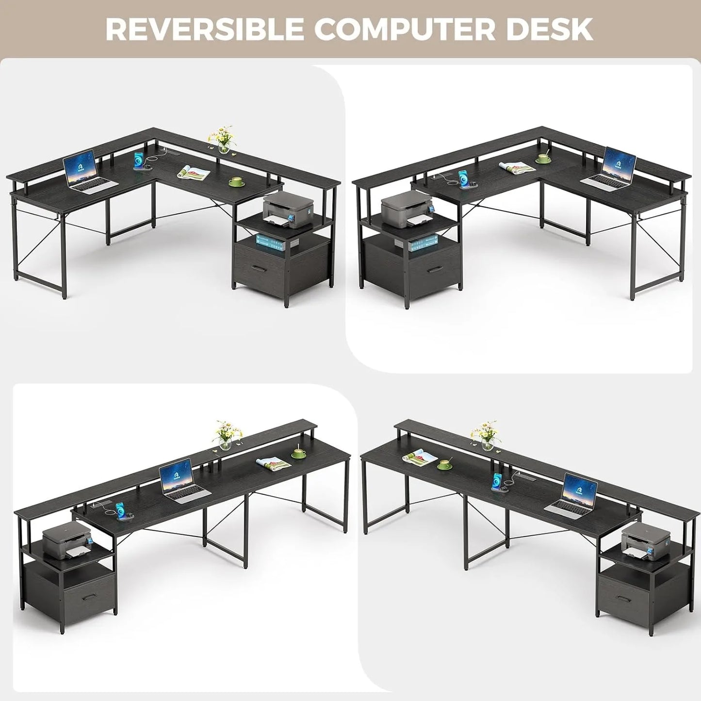 64" L Shaped Corner Desk with Power Outlet, LED Strip & Monitor Shelf