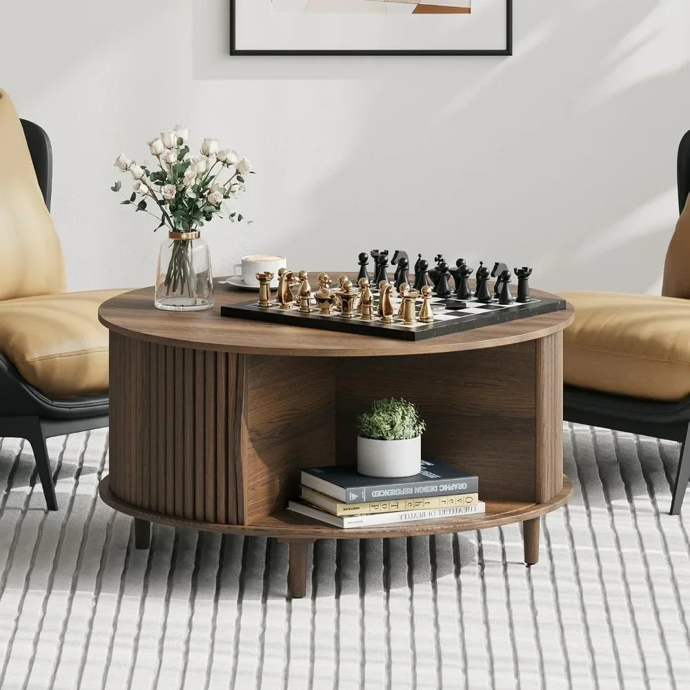 Mid Century Modern Round Coffee Table with Storage & Shelving