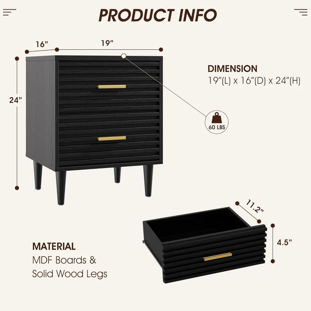 Mid Century Modern Fluted Nightstands Set of 2