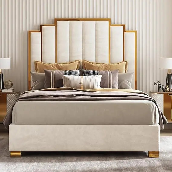 61.4" Queen Upholstered Gold Trim Bed Frame