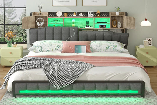 Gray LED Upholstered Bed with Charging Station