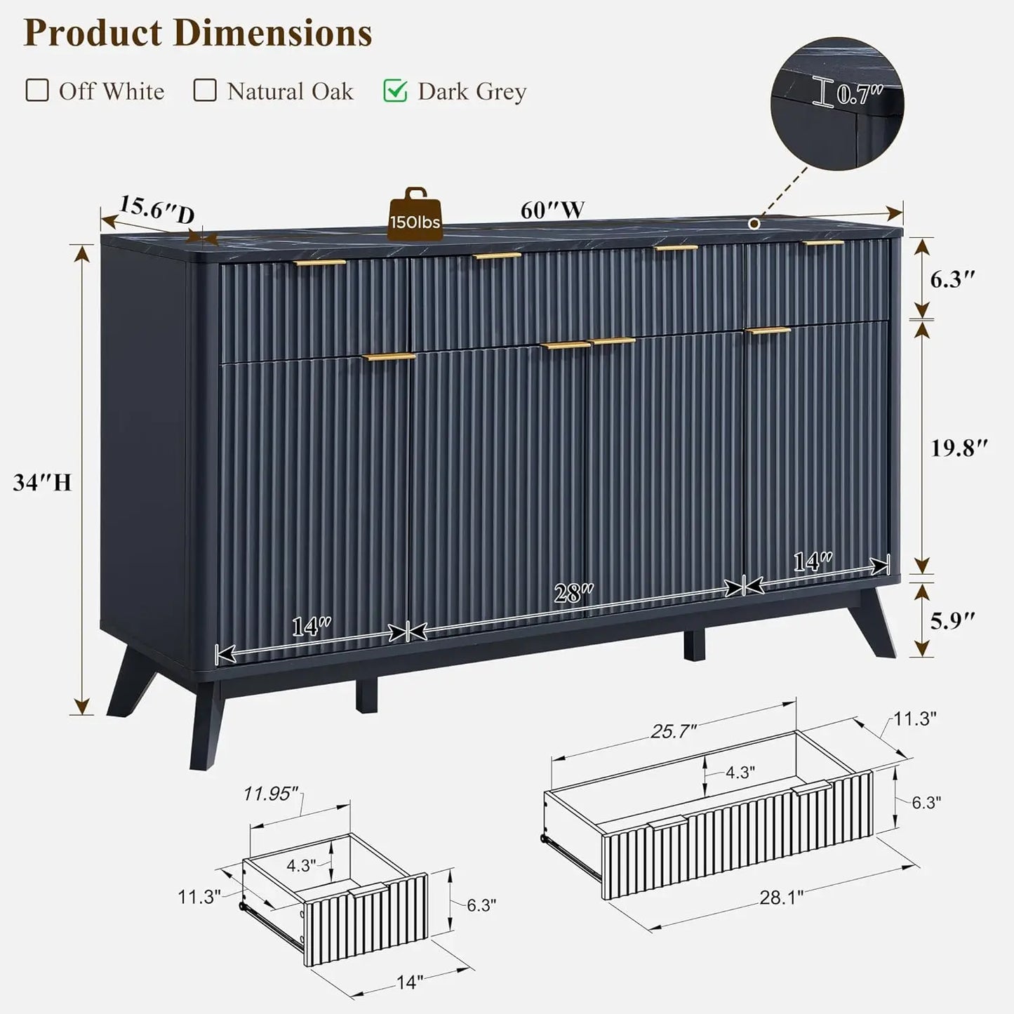 60" Fluted Sideboard Cabinet with Faux Marble Top