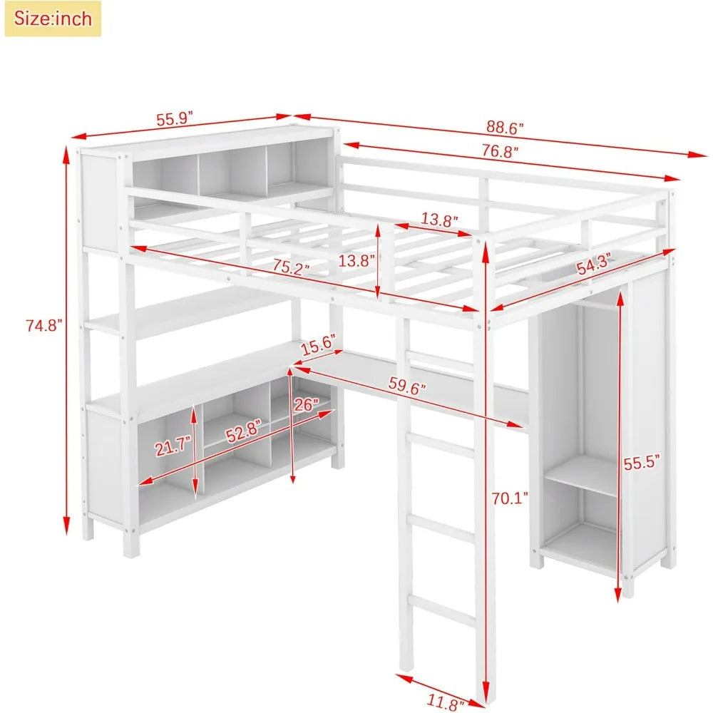 Full Size Loft Bed with L Shaped Desk and Wardrobe