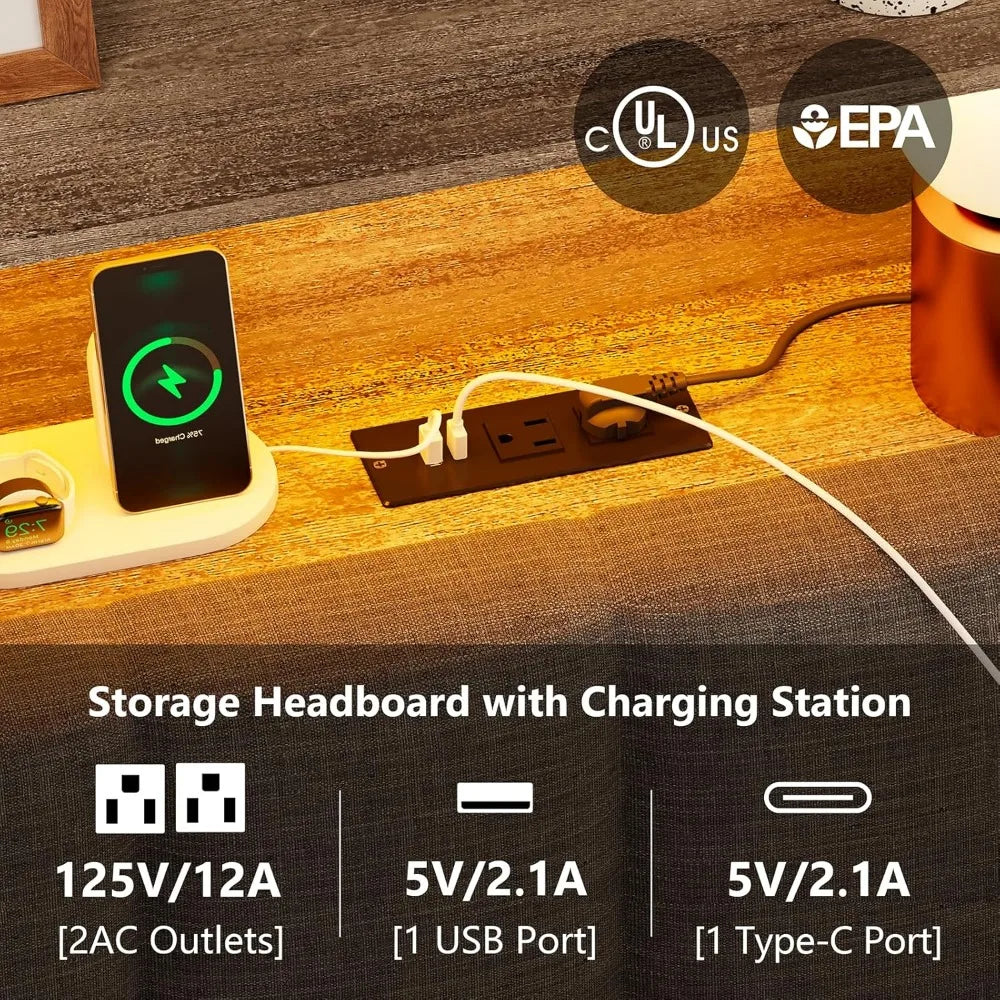 Gray LED Upholstered Bed with Charging Station