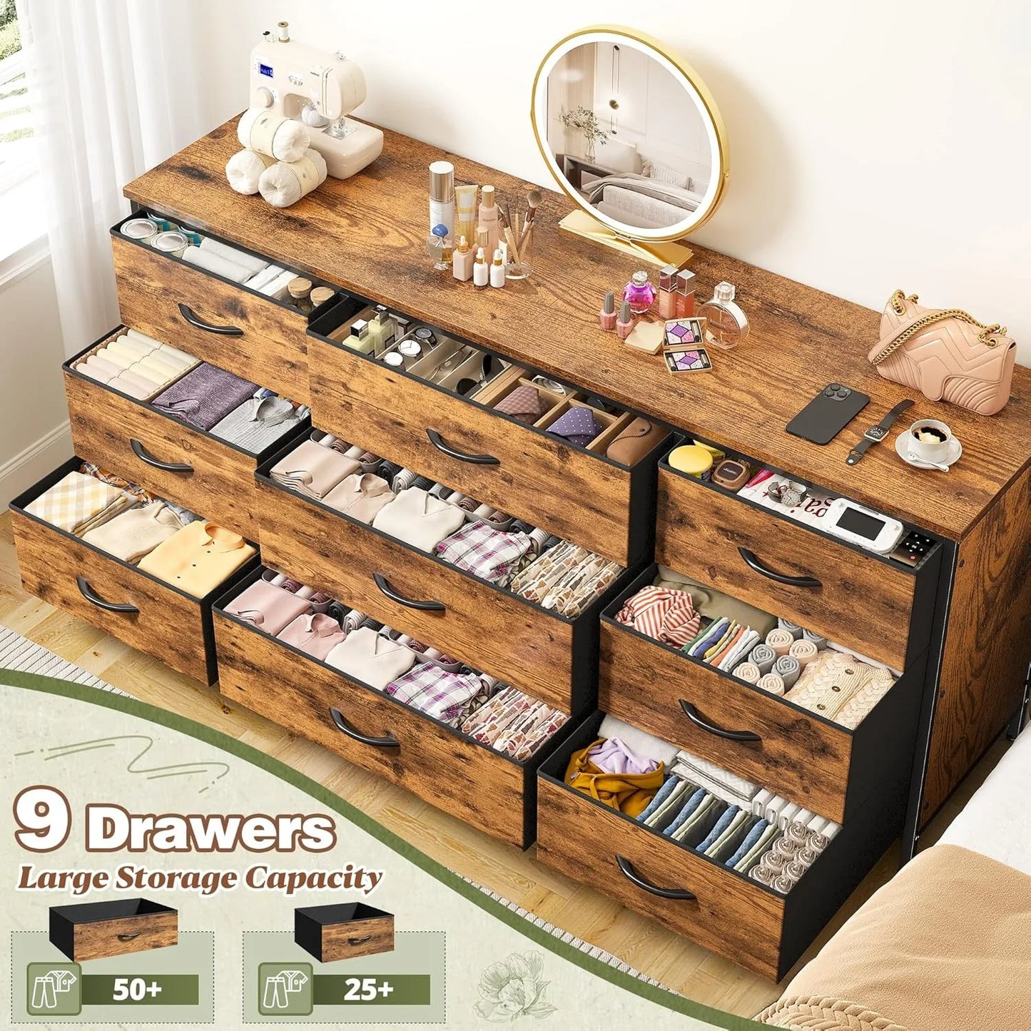 9 Drawer Wide Bedroom Dresser