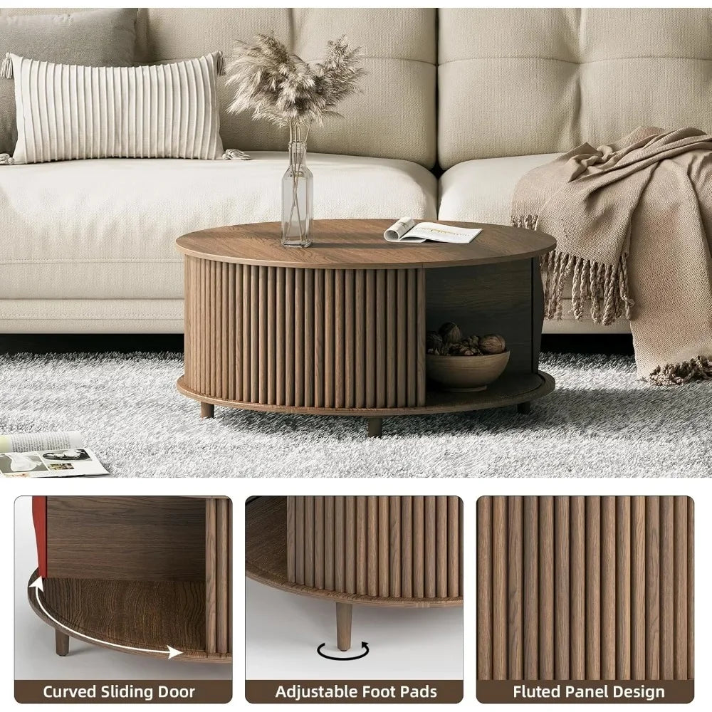 Mid Century Modern Round Coffee Table with Storage & Shelving