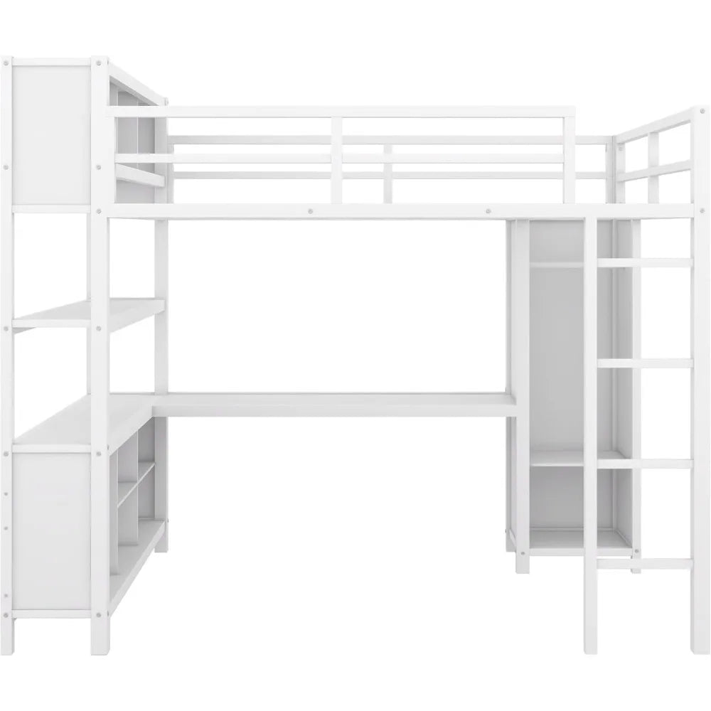 Full Size Loft Bed with L Shaped Desk and Wardrobe