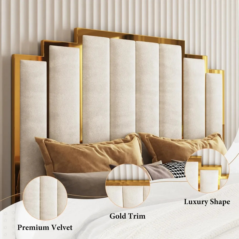 61.4" Queen Upholstered Gold Trim Bed Frame