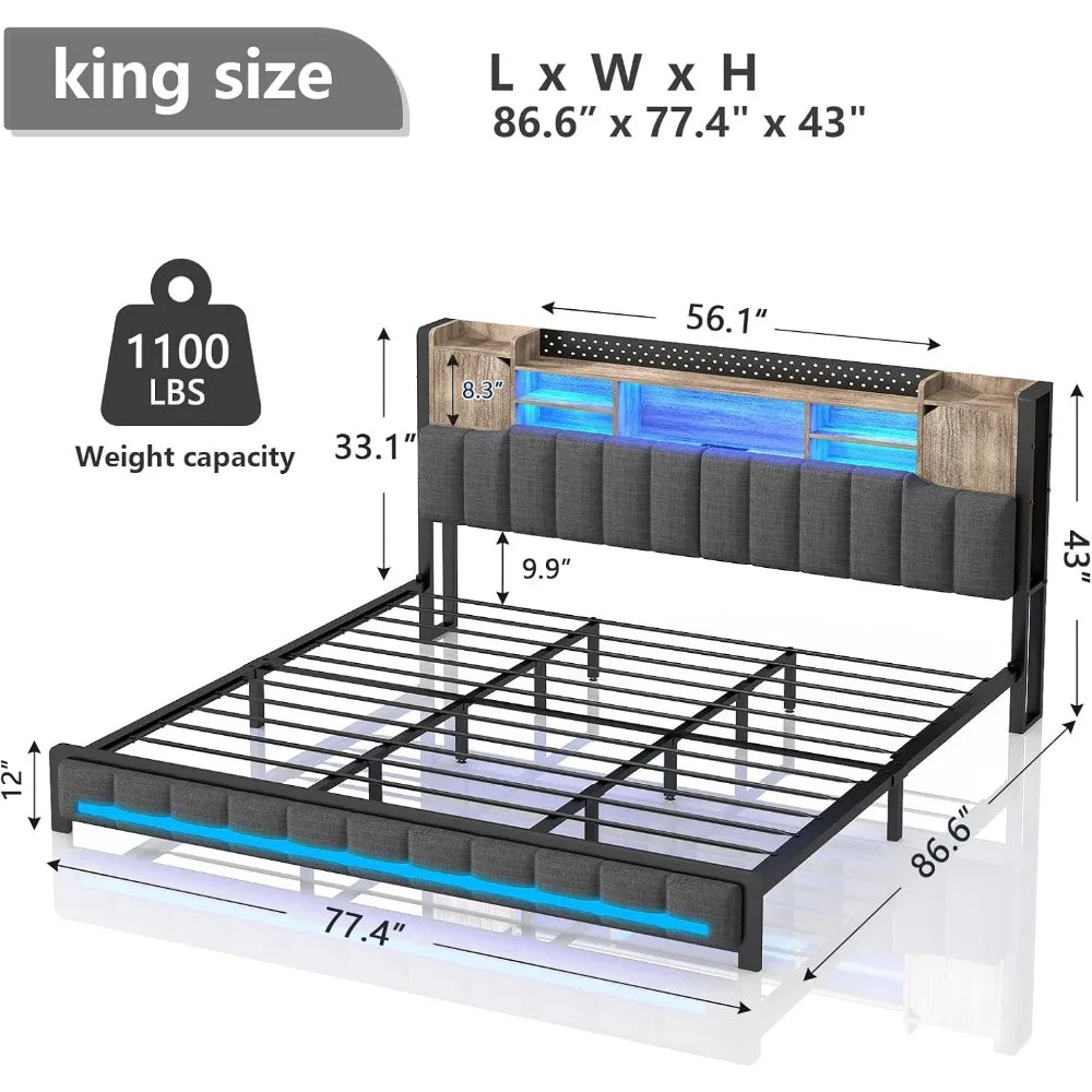 Gray LED Upholstered Bed with Charging Station
