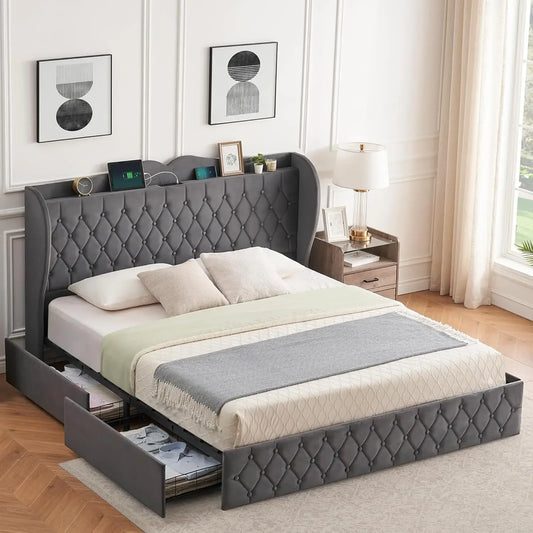 Gray Diamond Tufted Storage Bed