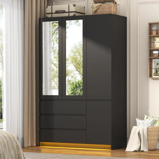 3 Door Armoire Wardrobe Closet with Drawers & Mirrors