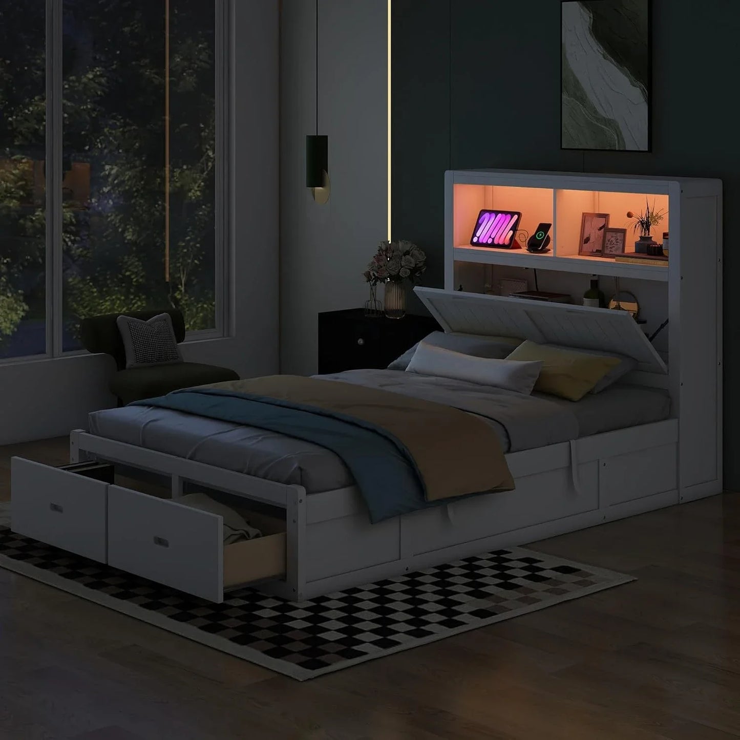 Hydraulic Platform with LED Headboard Bed