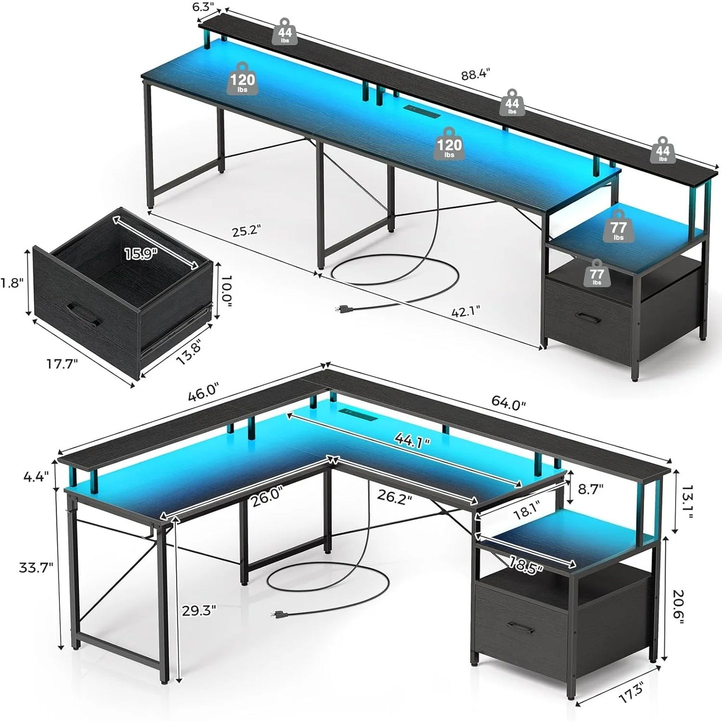 64" L Shaped Corner Desk with Power Outlet, LED Strip & Monitor Shelf