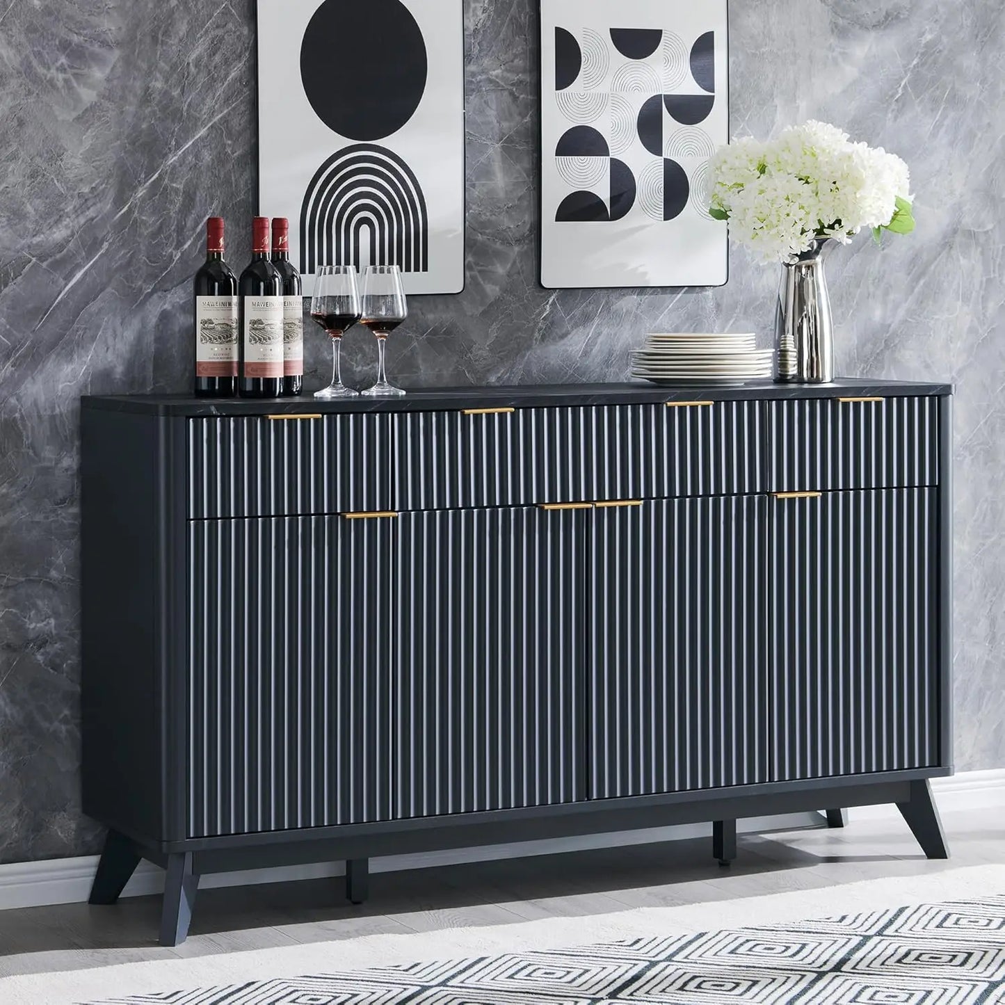 60" Fluted Sideboard Cabinet with Faux Marble Top
