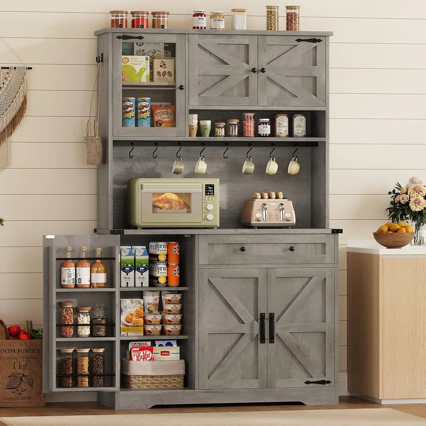 71" Barn-Style Kitchen Hutch Pantry