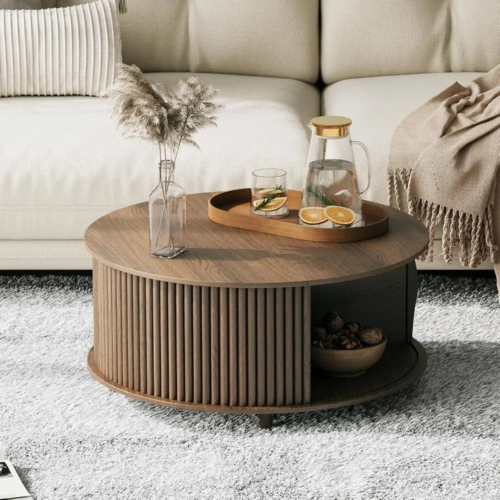 Mid Century Modern Round Coffee Table with Storage & Shelving