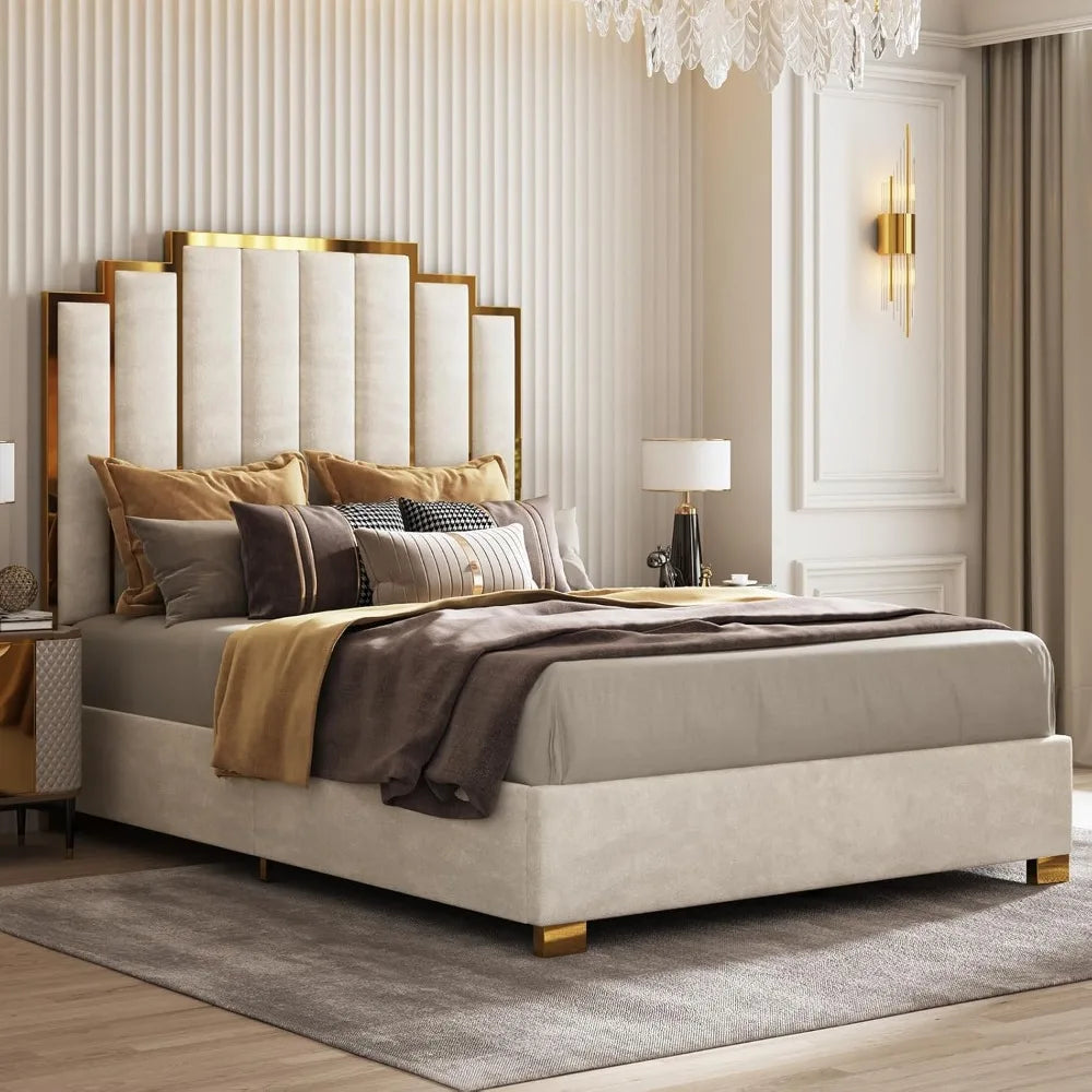 61.4" Queen Upholstered Gold Trim Bed Frame