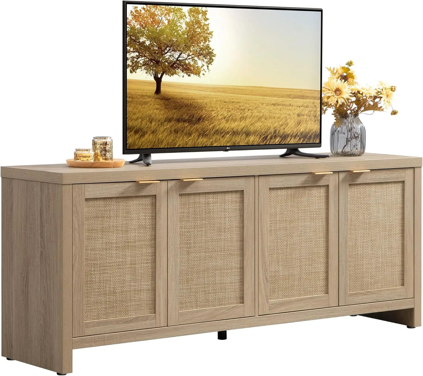 Tall Buffet-Styled Entertainment Center with Rattan Cabinets