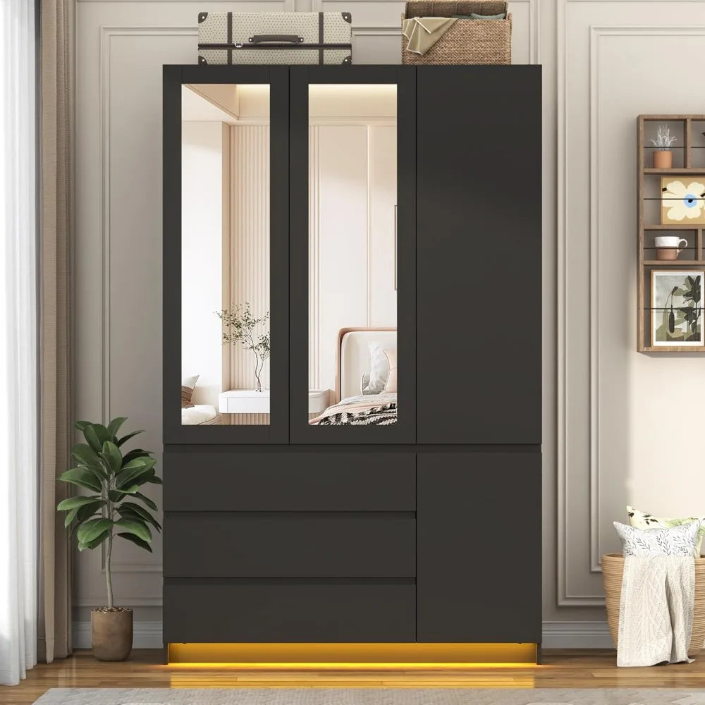 3 Door Armoire Wardrobe Closet with Drawers & Mirrors