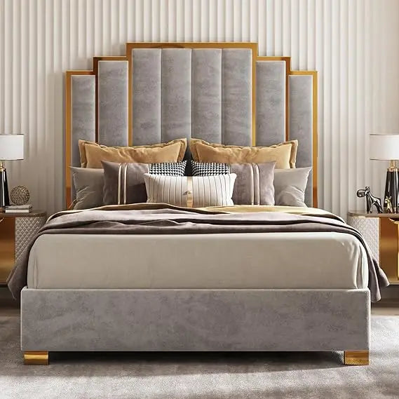 61.4" Queen Upholstered Gold Trim Bed Frame
