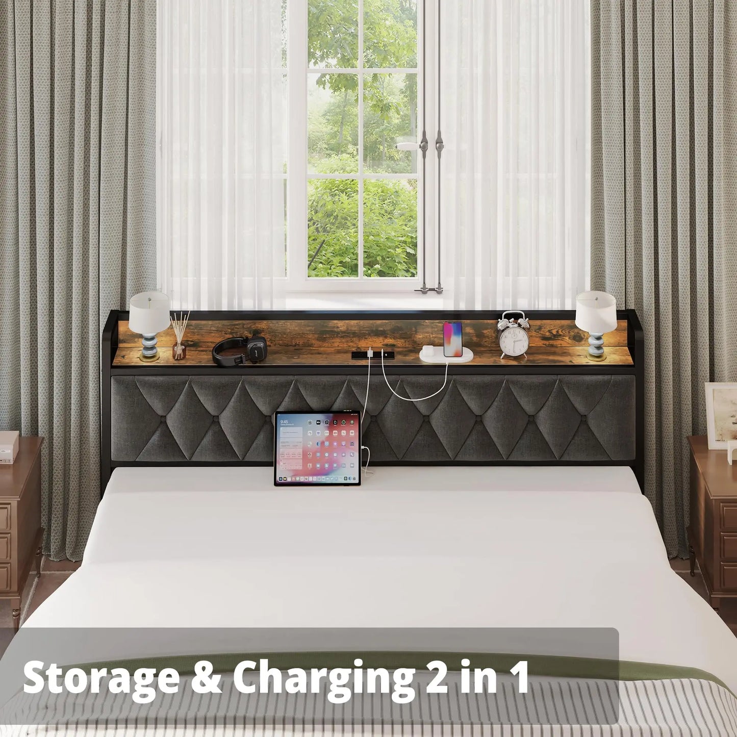 Wood & Upholstered Diamond Tufted Bed with Storage and Outlet