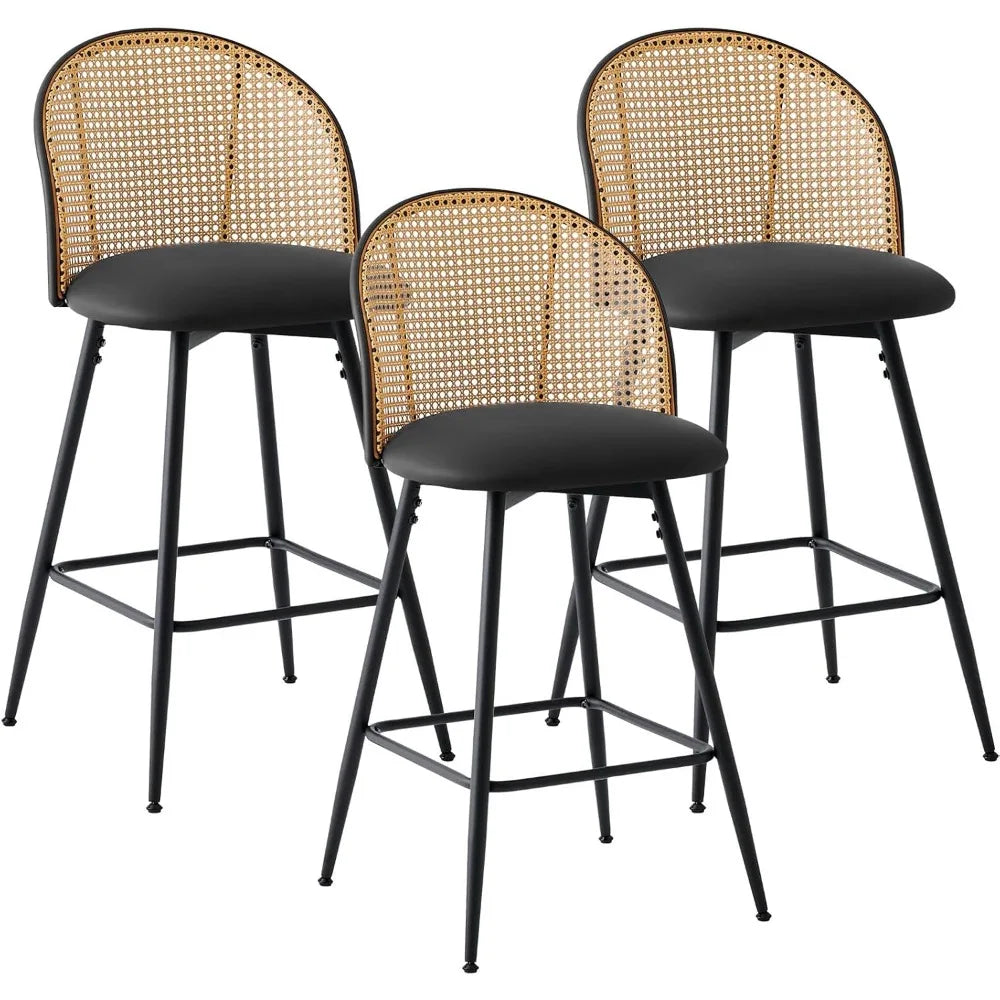 Mid Century Modern Rattan Back Counter Height Bar Stools Set of 3
