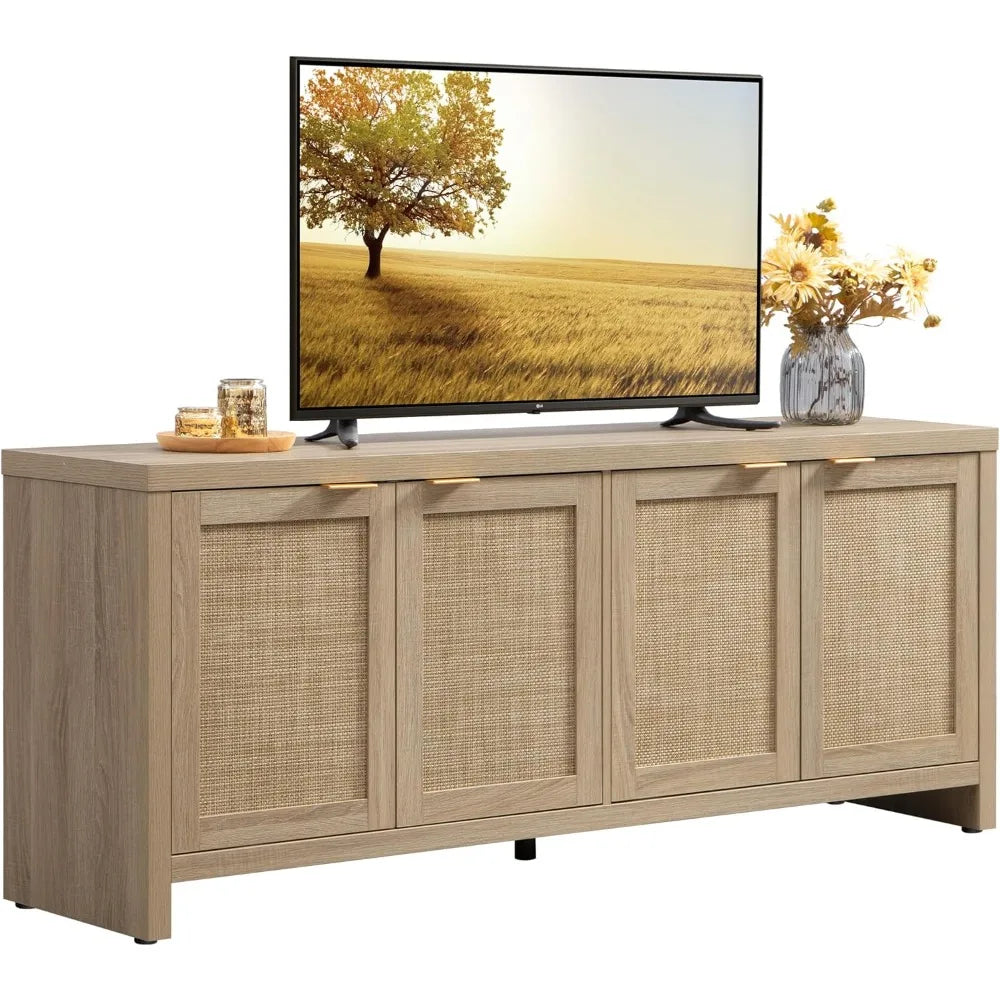 Tall Buffet-Styled Entertainment Center with Rattan Cabinets