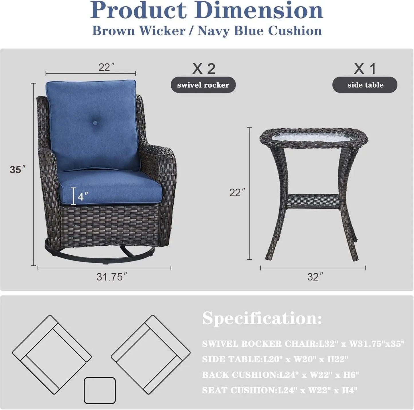 3 Piece Swivel Rocker Patio Chair Set - 2 Chairs & Table