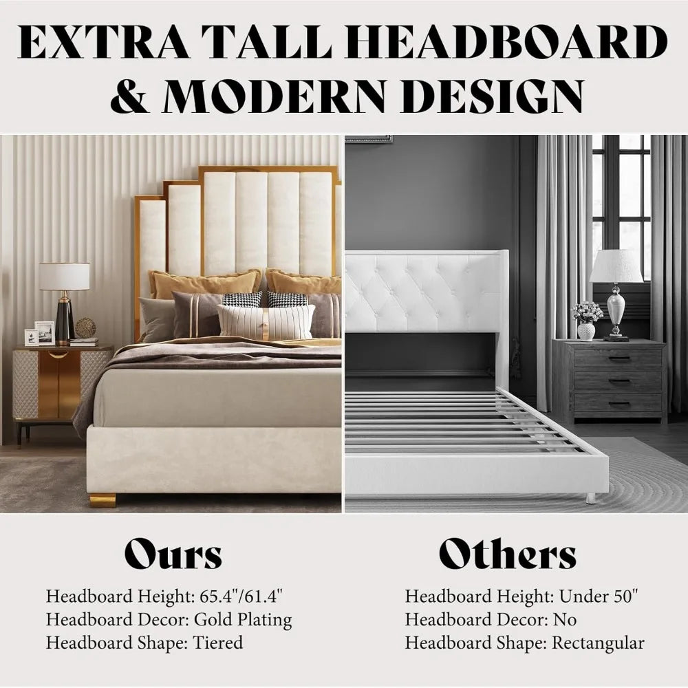 61.4" Queen Upholstered Gold Trim Bed Frame
