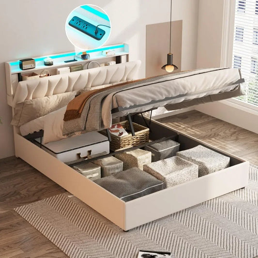 Queen Lift Up Storage Bed with LED Adjustable Headboard & Charging Station