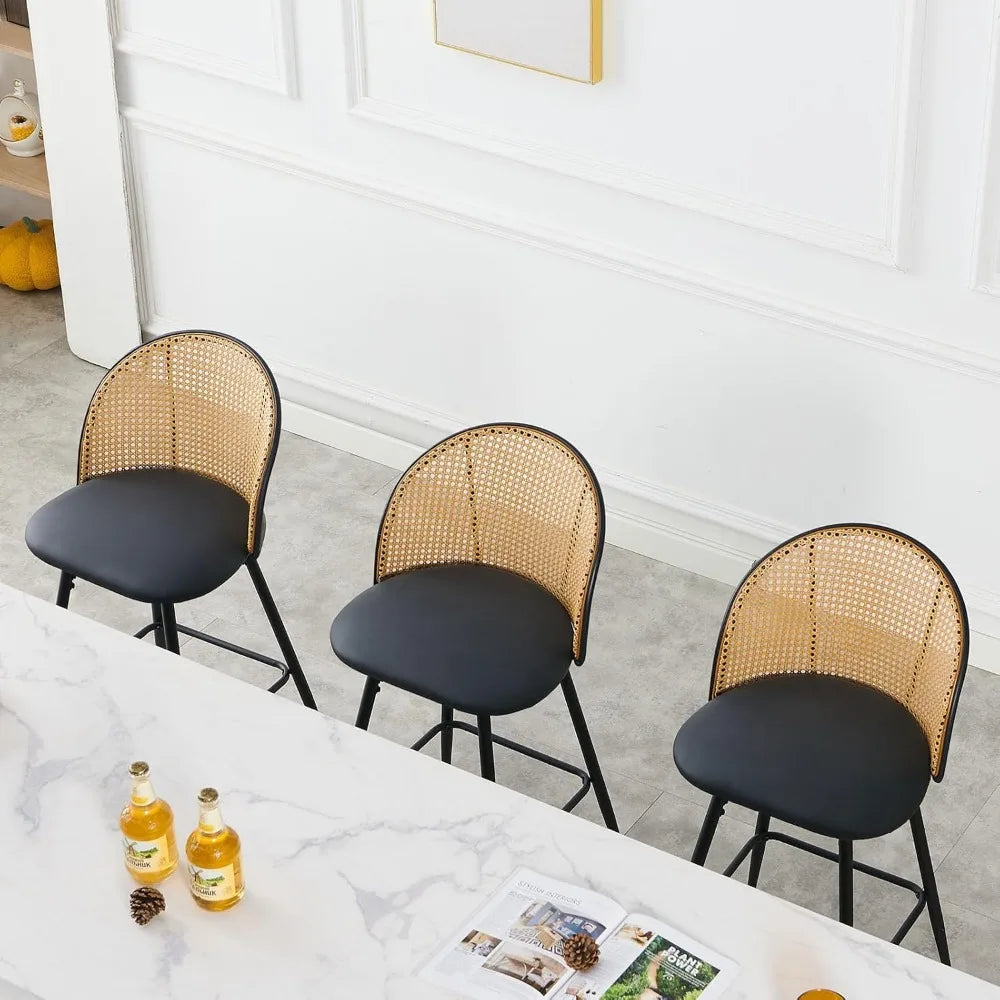 Mid Century Modern Rattan Back Counter Height Bar Stools Set of 3